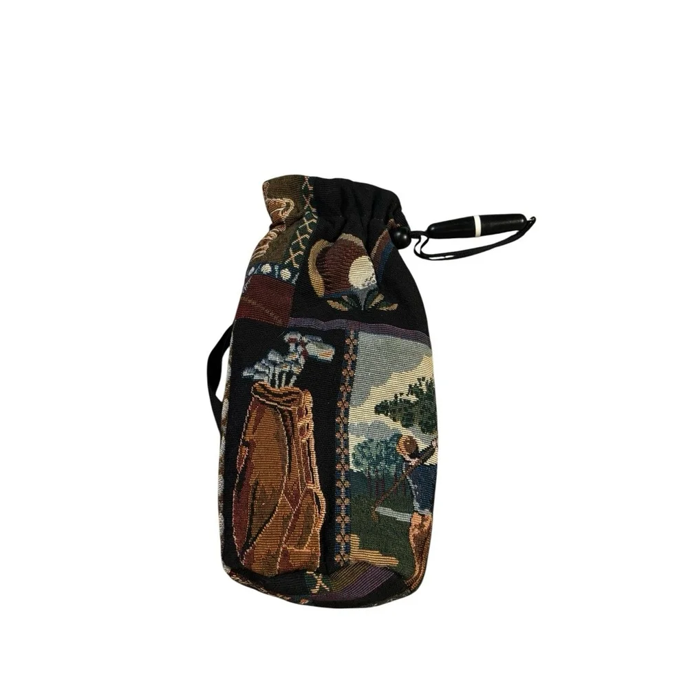 Vintage Golf Tapestry Wine Bottle Bag with Integrated Corkscrew Drawstring Black